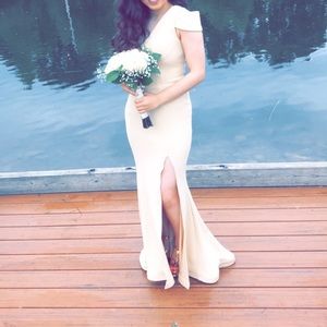 •One Shoulder, Cream Long Dress